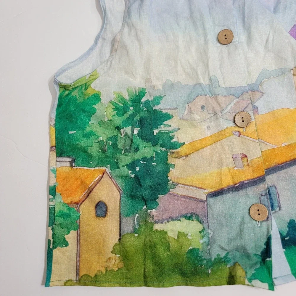 Calypso St. Barth Linen Blend Watercolor Scenic Village Crop Tank Top Med NEW - Picture 10 of 14